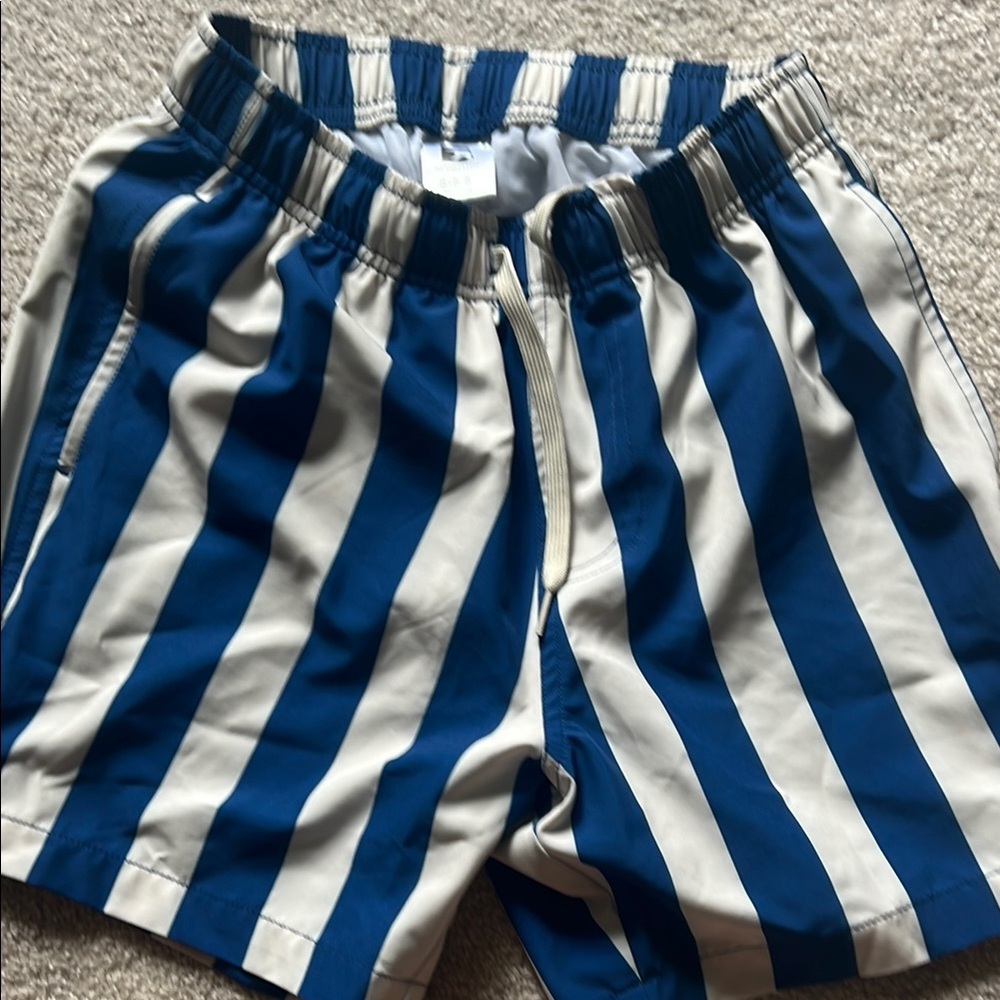 Bear Bottom Nantucket blue and white striped swim trunks
